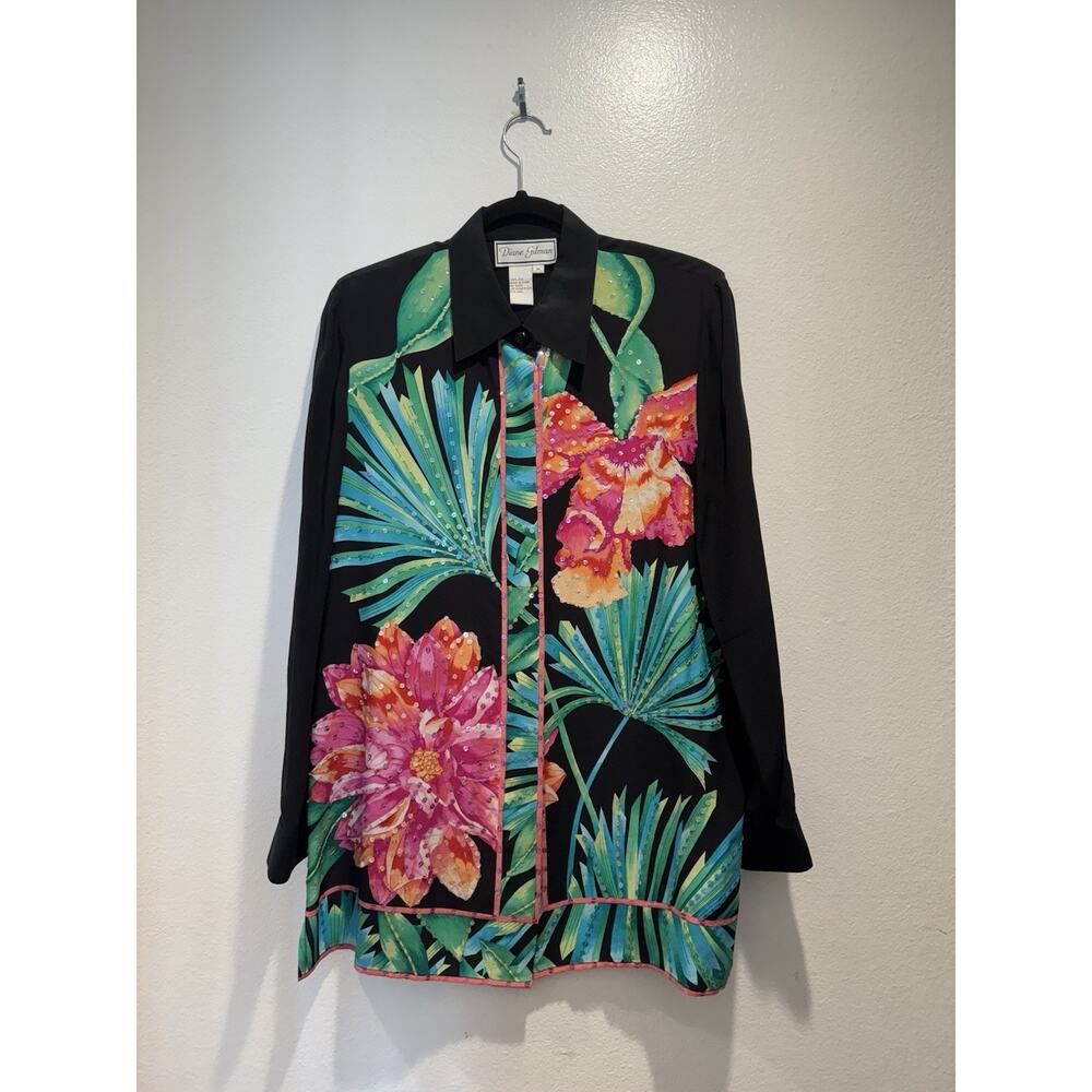 Diane Gilman Black Blouse with Pink and Green Floral Design